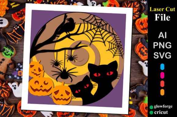 Halloween Pumpkins with Cat Light Box 3D SVG