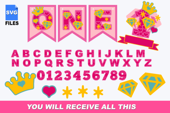 Princess Alphabet Banner with Numbers: 3D SVG Shapes
